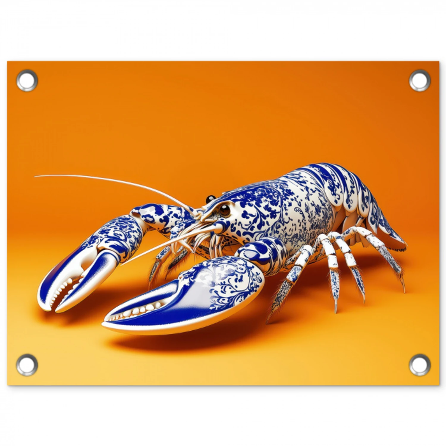 Kreeft - Delftsblauw - Schild - Stoer - Oranje tuinposter los doek klein -3d