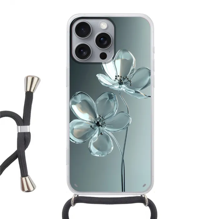 Kristal - Bloemen - Grijs Hoesje iPhone 16 Pro Max met koord klein -3d