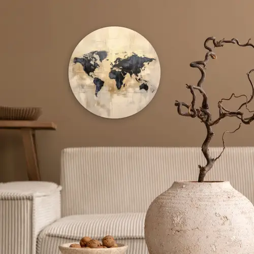 Wereldkaart - Goud - Zwart - Abstract Wandcirkel kunststof plaat 5mm dik klein -sfeer1