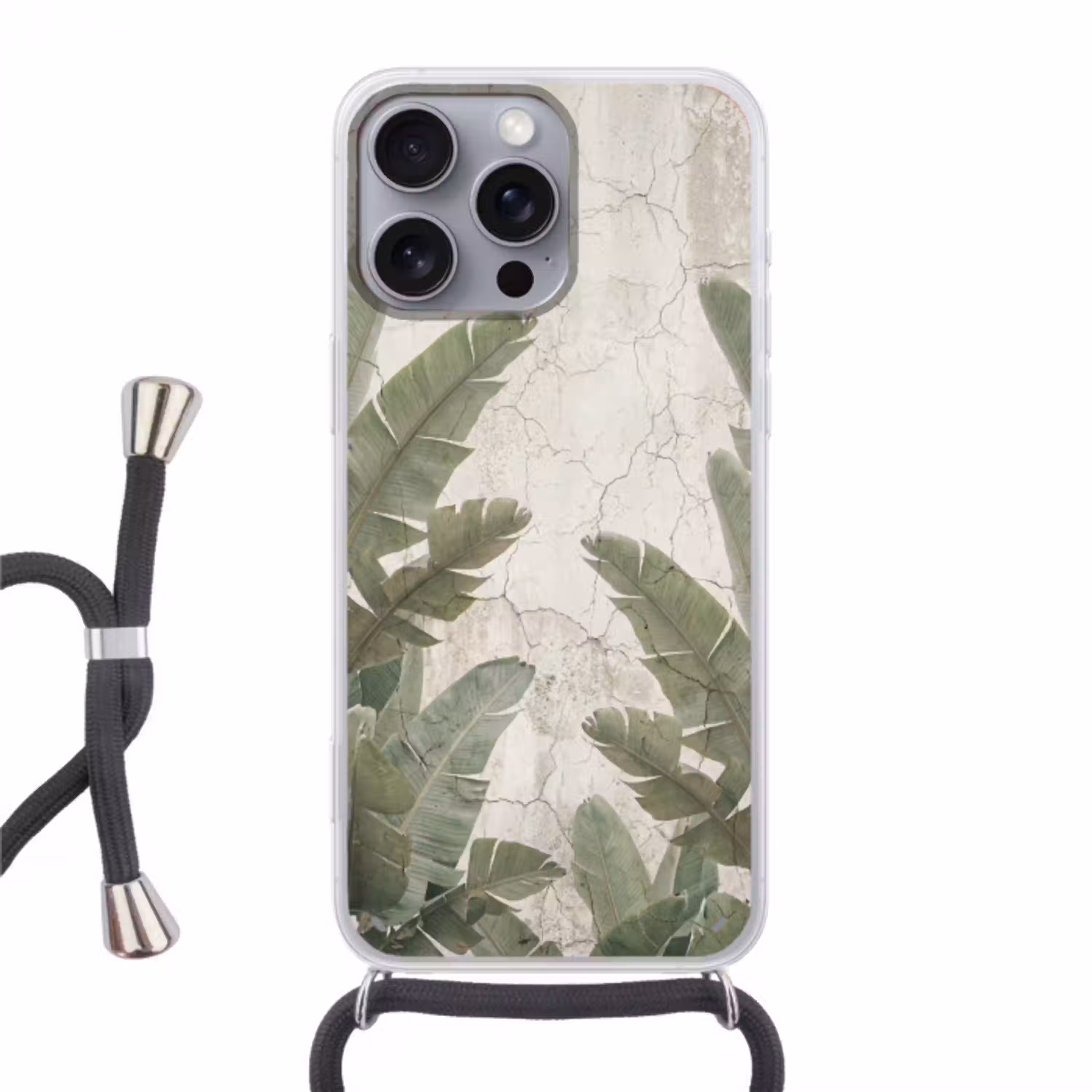 Bananenbladeren - Beton - Groen Hoesje iPhone 16 Pro Max met koord klein -3d