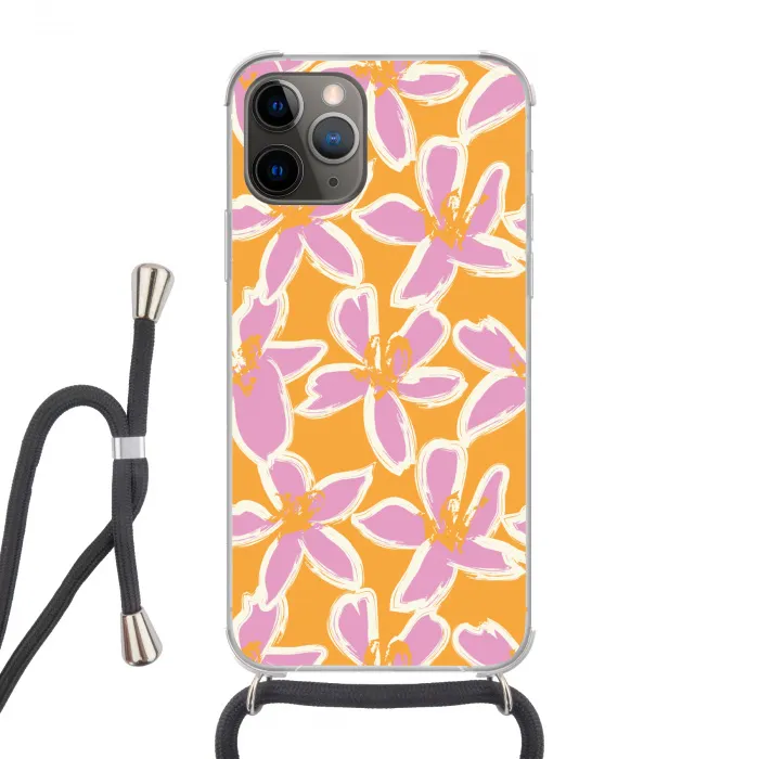 Bloemen - Patroon - Roze  - Oranje Hoesje iPhone 12 Pro met koord klein -3d