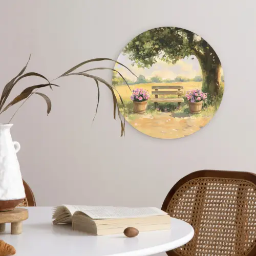 Houten bankje - Bloempotten - Landschap Wandcirkel kunststof plaat 5mm dik klein -sfeer4