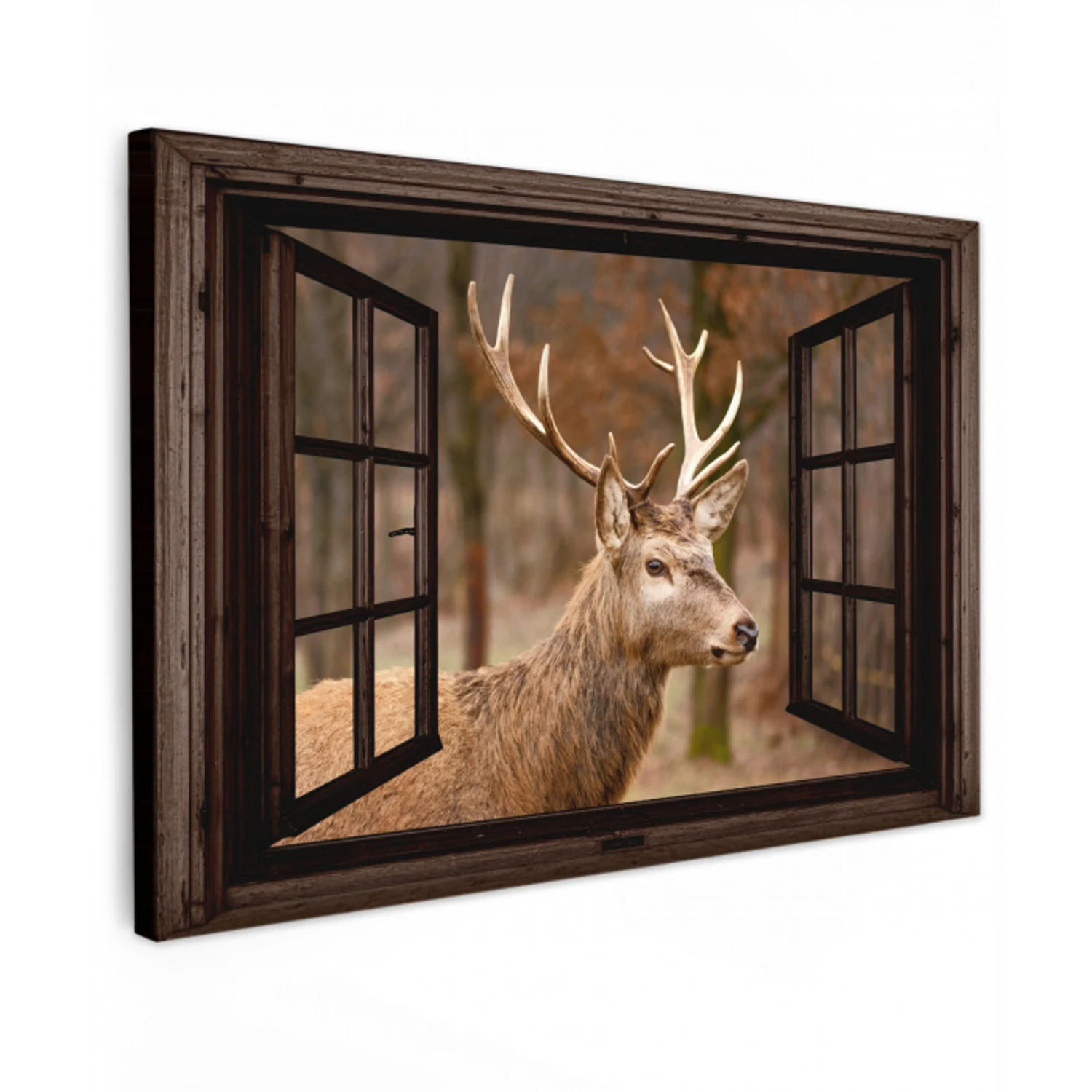 Hert - Dier - Bos - Herfst - Hertenkop - Bruin - Doorkijk Tuinposter op houten frame 2 cm dik klein -3d