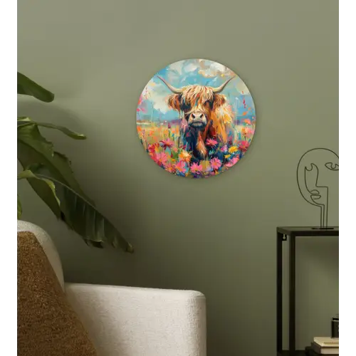Schotse hooglander - Natuur - Kleurrijk - Bloemen Wandcirkel kunststof plaat 5mm dik klein -sfeer3