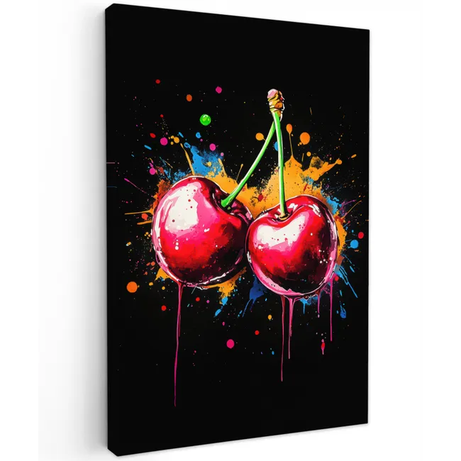 Kersen - Fruit - Graffiti - Verf - Abstract - Modern - Kleurrijk Tuinposter op houten frame 2 cm dik klein -3d