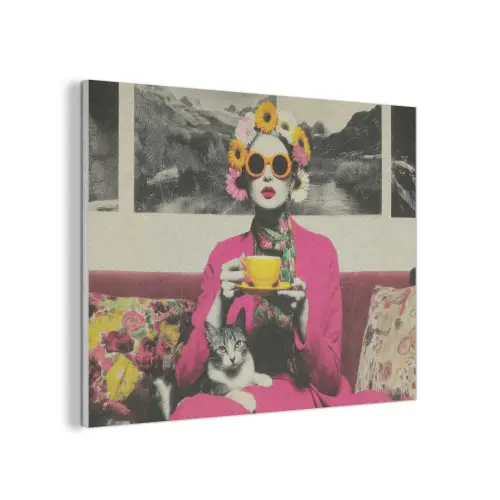 Vrouw - Kat - Bloemen - Kopje - Retro PET vilt klein -3d