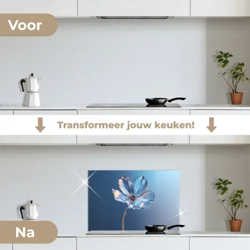 Blauw - Bloem - Glazen - Sierlijk keuken achterwand spatscherm klein -voor_na_NL