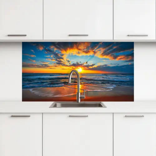 Zee - Zonsondergang - Strand - Wolken - Oranje keuken achterwand 2 middel -3d