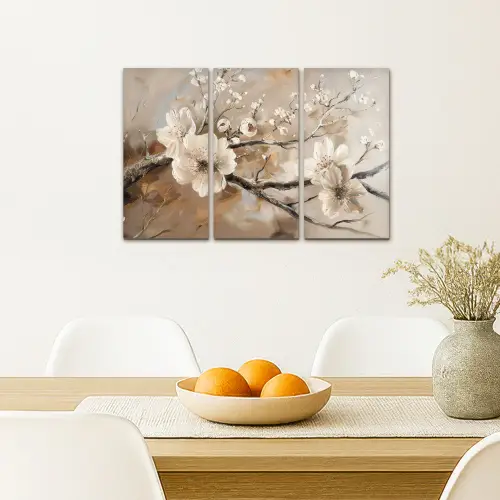 Bloesem - Beige - Abstract - Bloemen Canvas - Meerluiken 3 luik klein -sfeer4