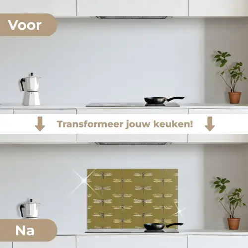 Libellen - Patroon - Groen keuken achterwand spatscherm klein 900 -voor_na_NL