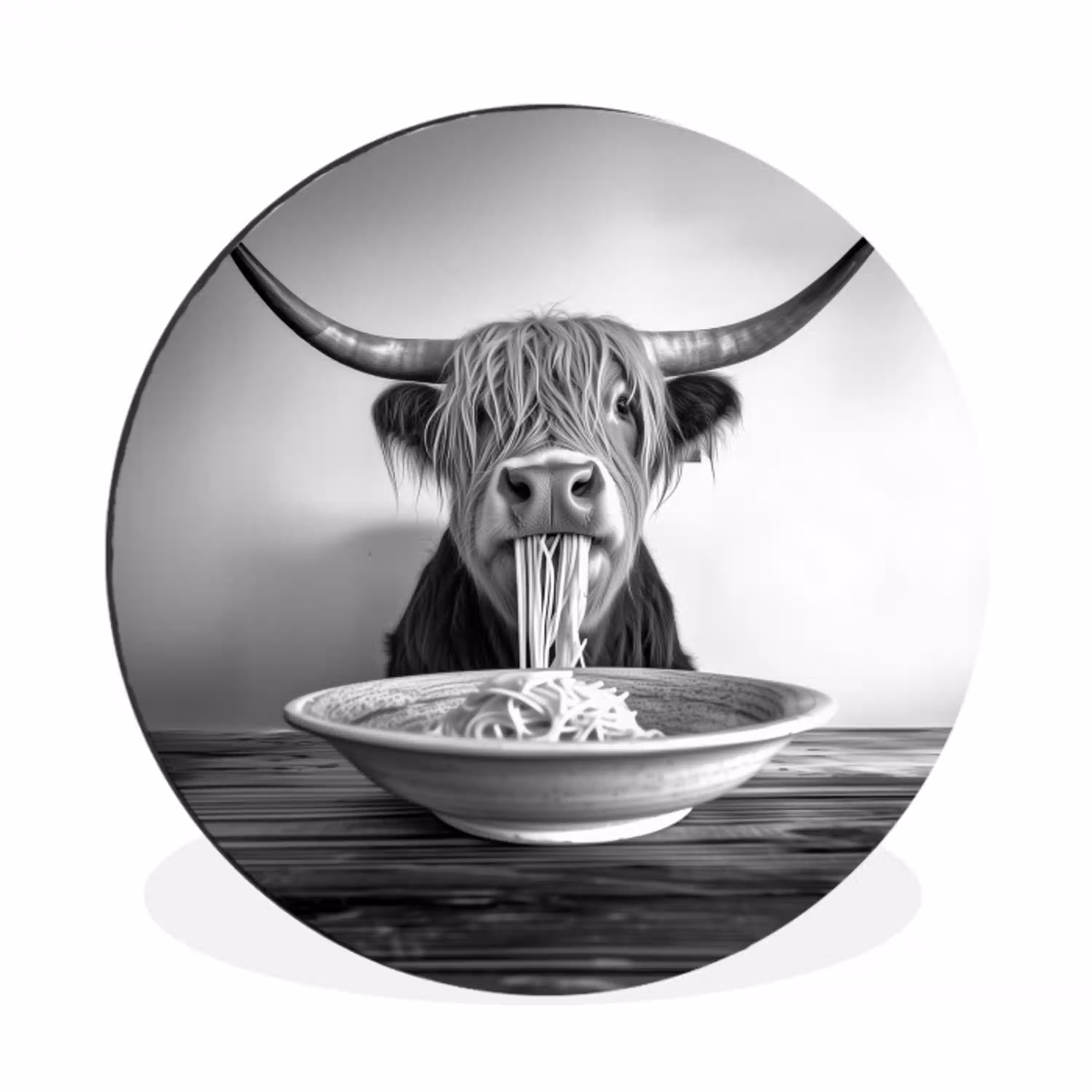 Schotse Hooglander - Spaghetti - Dieren - Zwart wit Wandcirkel aluminium klein -3d
