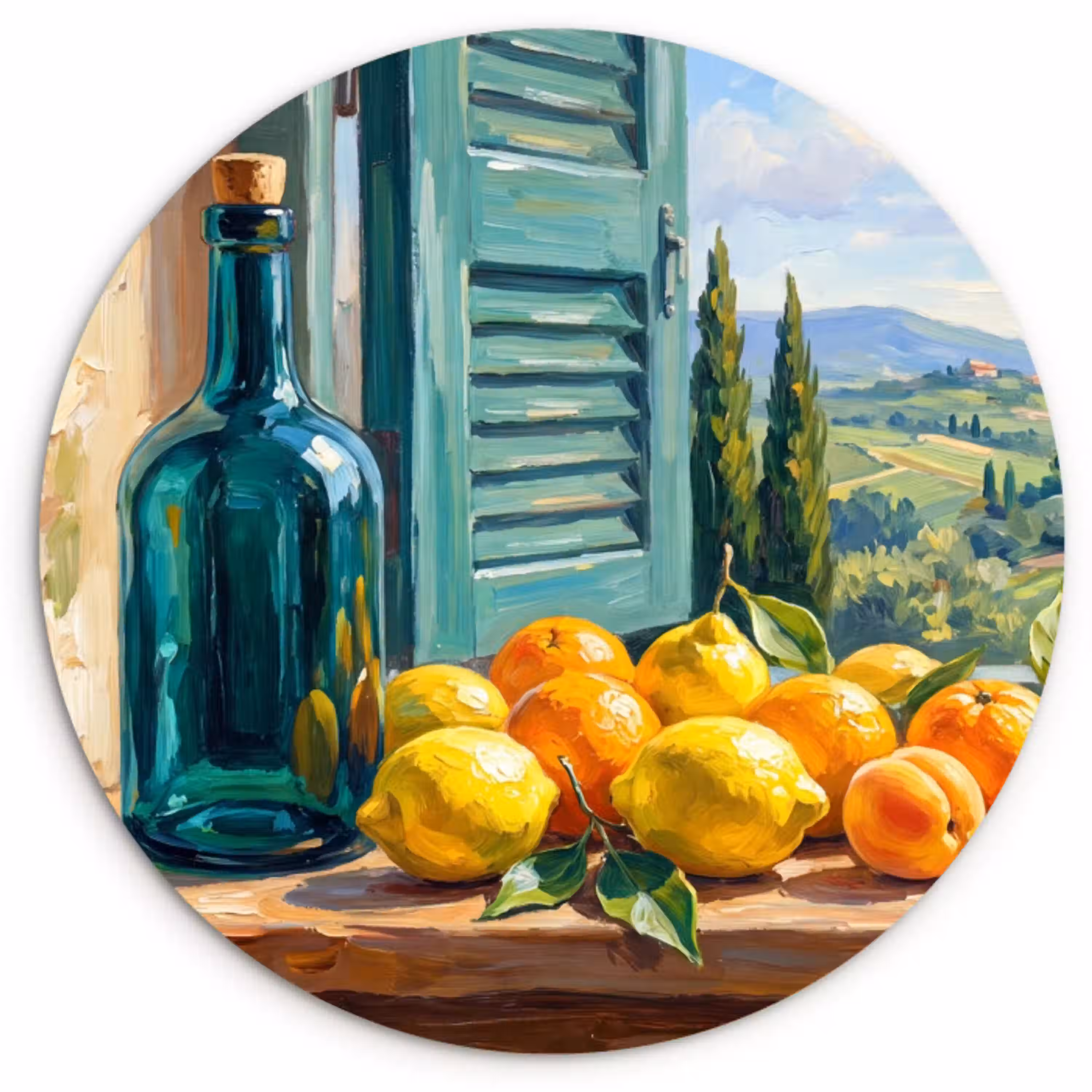 Fles - Fruit - Stilleven Wandcirkel kunststof plaat 5mm dik klein -3d