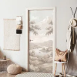 Rivierlandschap - Bergen - Natuur - Vintage - Beige deurposter klein -sfeer6