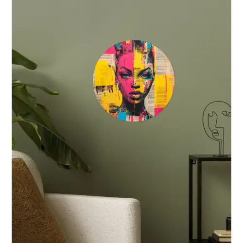Vrouwengezicht - Krantenpapier - Abstract - Roze Wandcirkel behangsticker klein -sfeer2