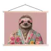 Luiaard - Bloemenprint - Bril - Roze textielposter latten blank klein -3d