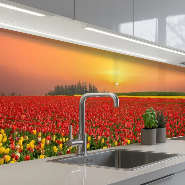 Crédence Cuisine - Fleurs - Paysage - Tulipes - Coucher de soleil