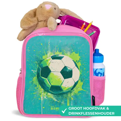 Voetbal - Verfspatten - Groen - Blauw Kinderrugzak - Roze middel -inhoud_NL