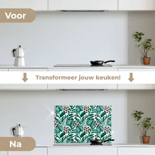 Palmblad - Panterprint - Tropical keuken achterwand spatscherm klein -voor_na_NL