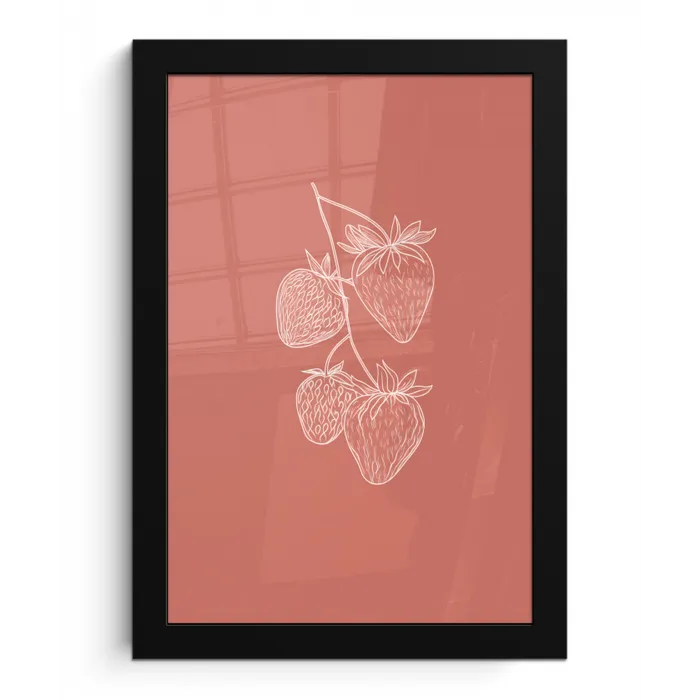 Minimalistisch - Illustratie - Aardbei - Tak fotolijst zwart zonder passe partout klein -3d