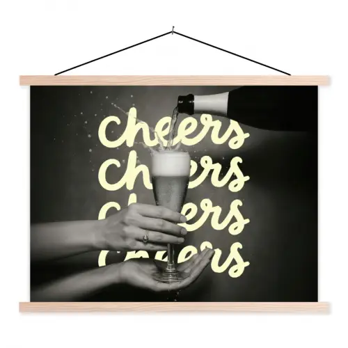 Cheers - Wijn - Zwart - Wit textielposter latten blank klein -3d