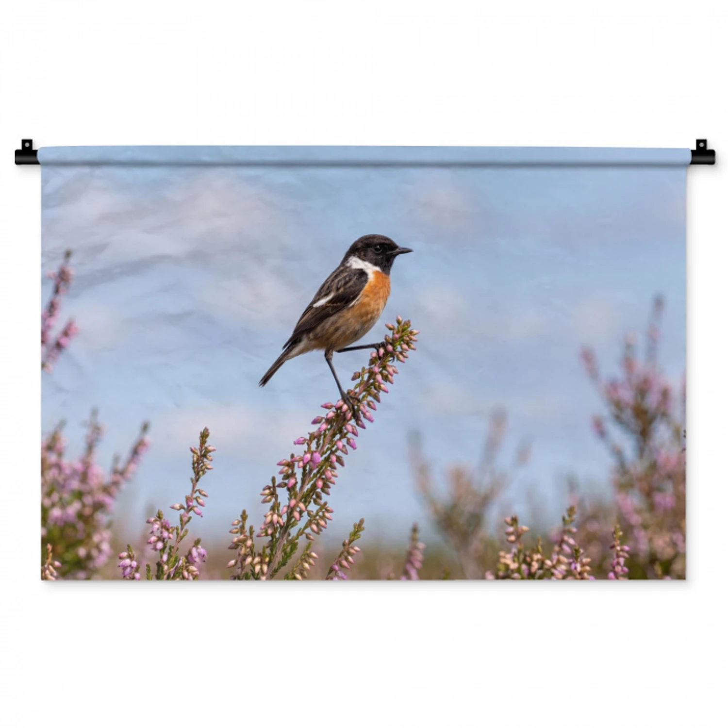 Roodborsttapuit - Heide - Paars - Natuur - Sfeervol Wandkleed katoen middel -zz3d