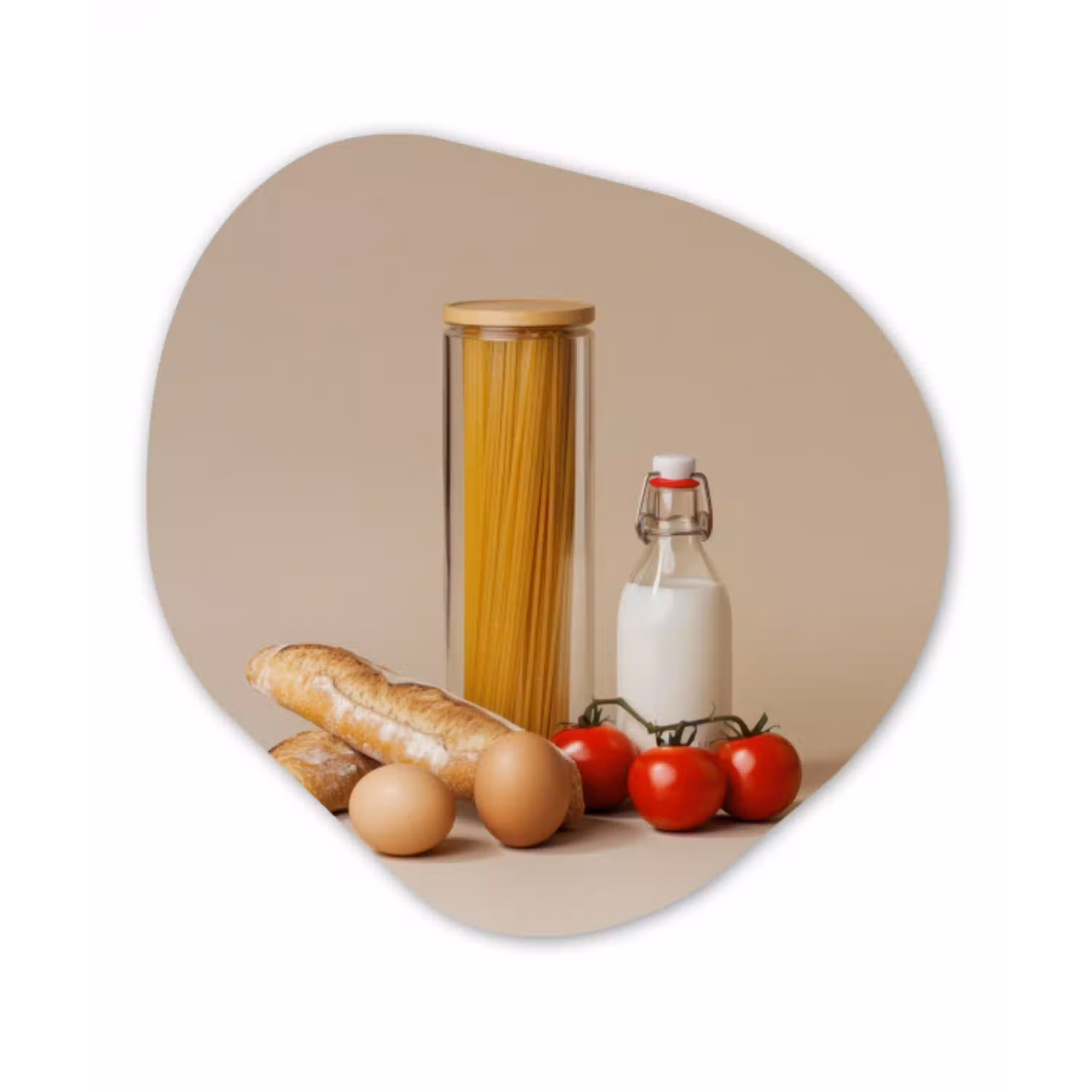 Spaghetti - Melk - Tomaten - Eieren - Brood Wandcirkel Organisch Forex 3mm klein -3d
