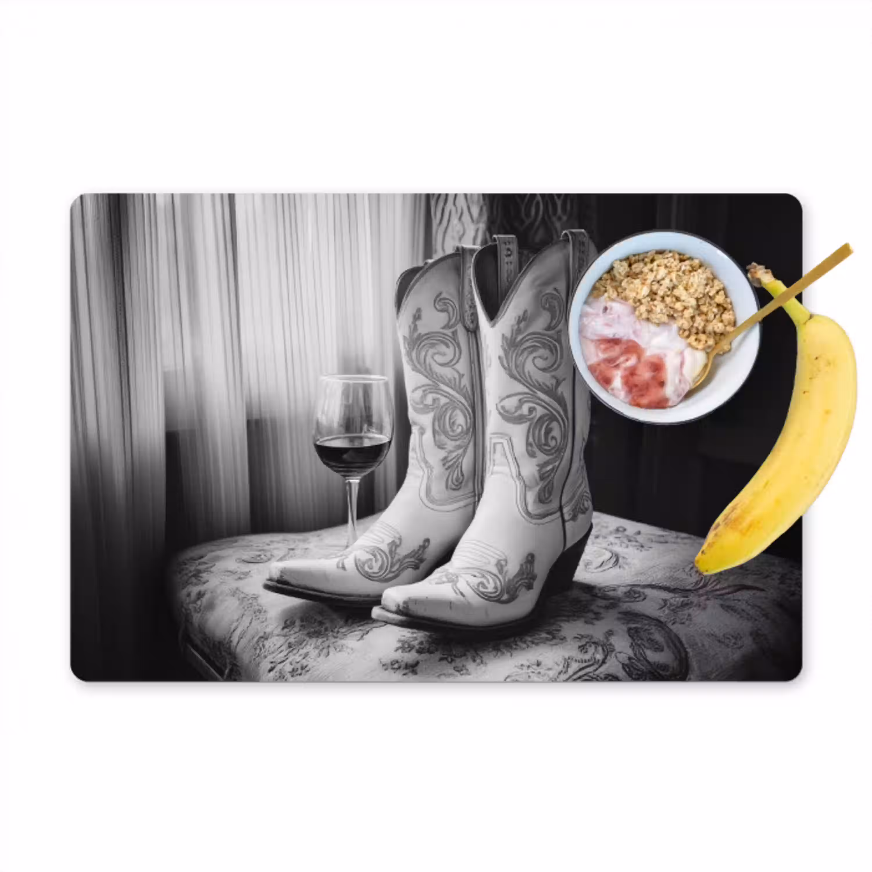 Wijn - Cowboylaarzen - Raamlicht - Wit Placemat vinyl groot -zzzproduct_Kitchenyeah-website