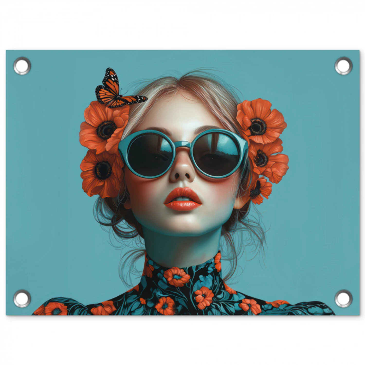 Vrouw - Blauw - Vlinder - Bloemen - Aesthetic tuinposter los doek klein -3d