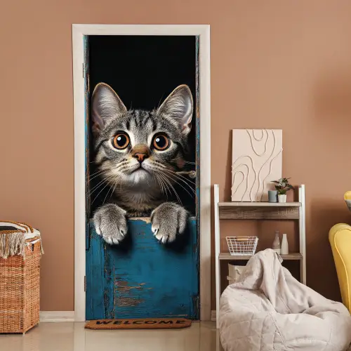 Kat - Doorkijk - Hout - Dieren - Blauw deurposter klein -sfeer1