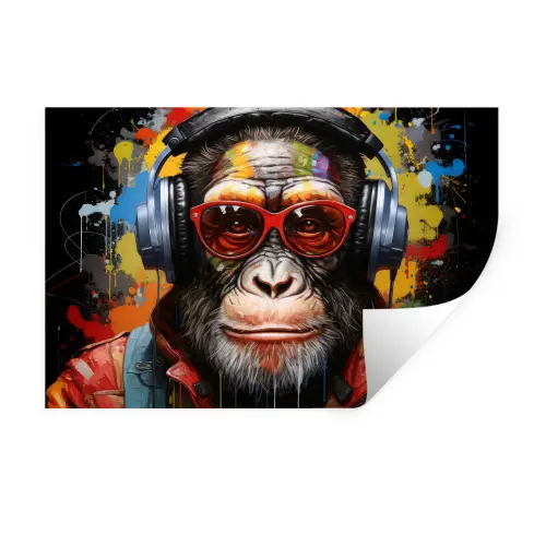 Chimpansee - Aap - dieren - Graffiti - Bril - Koptelefoon - Kleuren Muursticker klein -3d