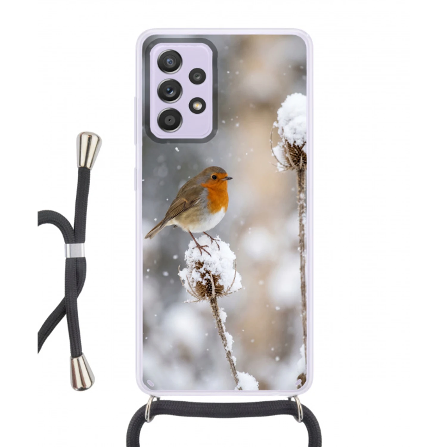 Roodborstje - Gedroogde bloem - Sneeuw - Winter - Vertederend Hoesje Samsung Galaxy A52 5G met koord klein -3d