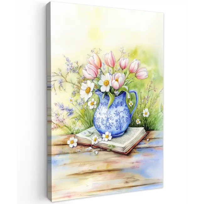 Vaas - Delftsblauw - Madeliefjes Tuinposter op houten frame 2 cm dik klein -3d