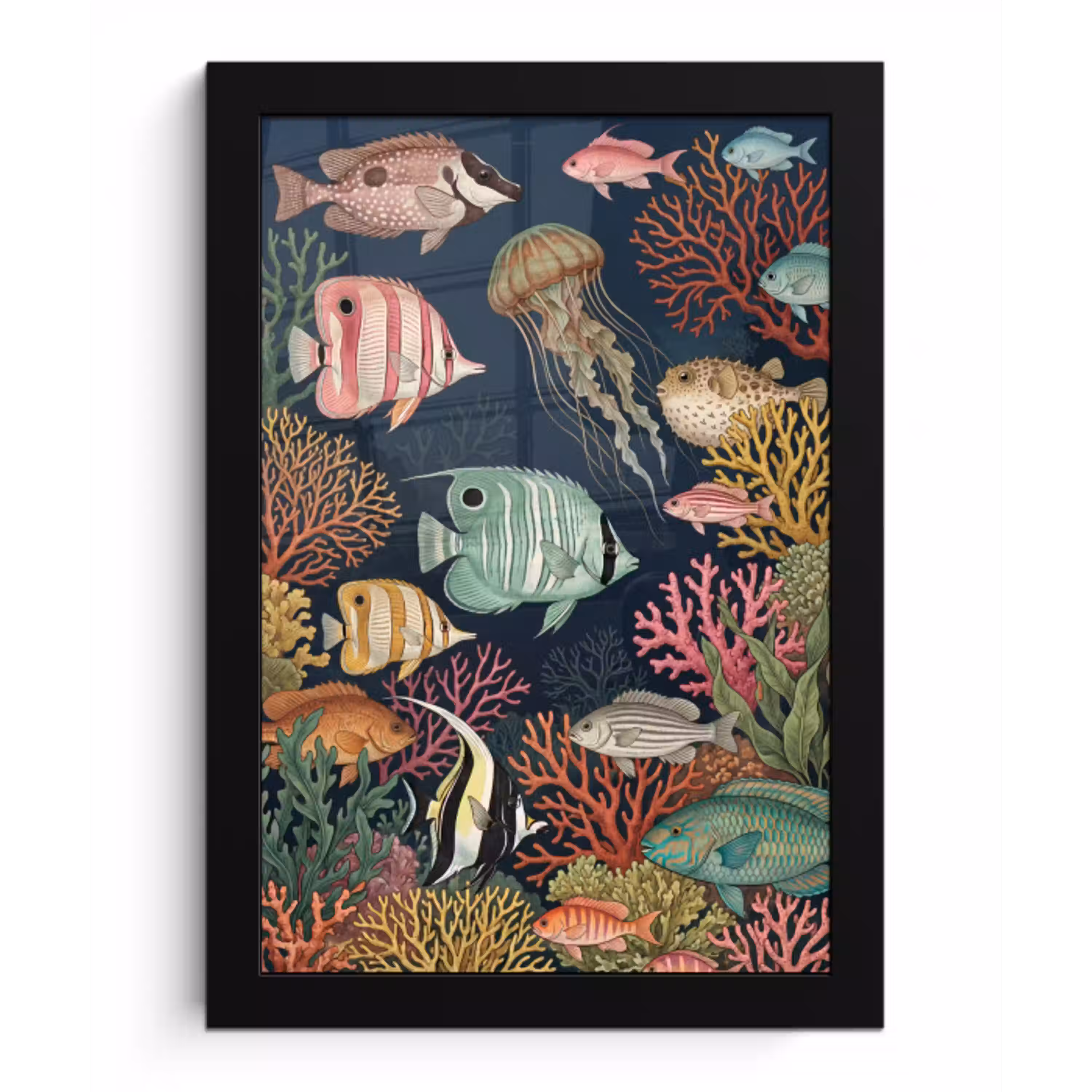 Onderwaterwereld - Vissen - Koraal - Illustratie - Kleurrijk fotolijst zwart zonder passe partout klein -3d