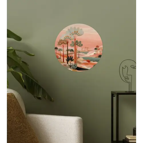 Roze landschap - Palmen - Water Wandcirkel behangsticker klein -sfeer2