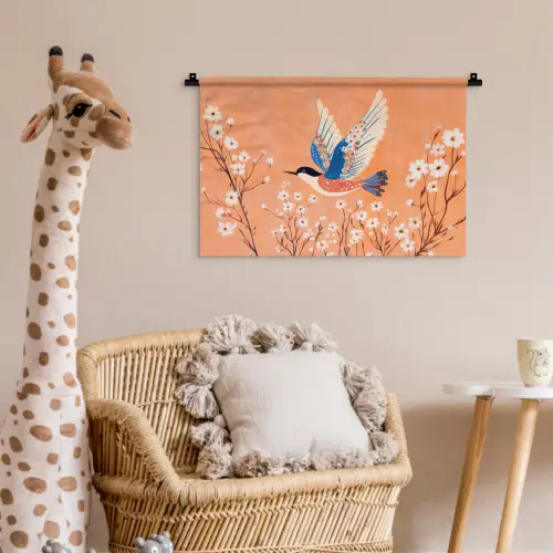Vogel - Bloesemtakken - Warm - Kleurrijk Wandkleed katoen klein -wsfeer5_kind
