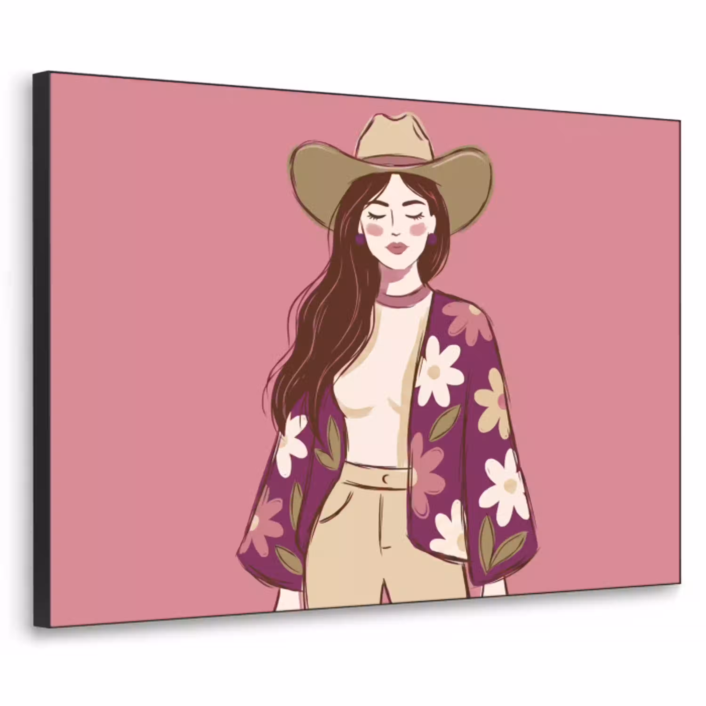 Vrouw - Hoed - Portret - Illustratie - Roze Textielframe zwart klein -3d