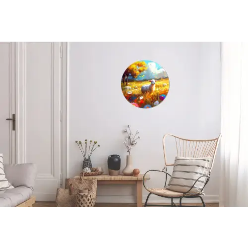 Schaap - Weide - Bloemen Wandcirkel aluminium klein -woonkamer