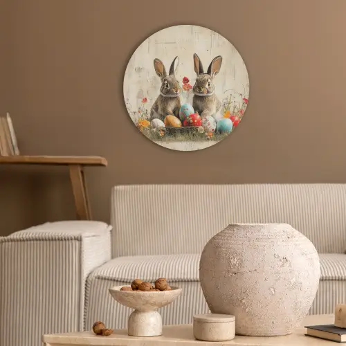 Konijnen - Bloemen - Eieren Akoestische PET Vilt - Rond klein -sfeer1