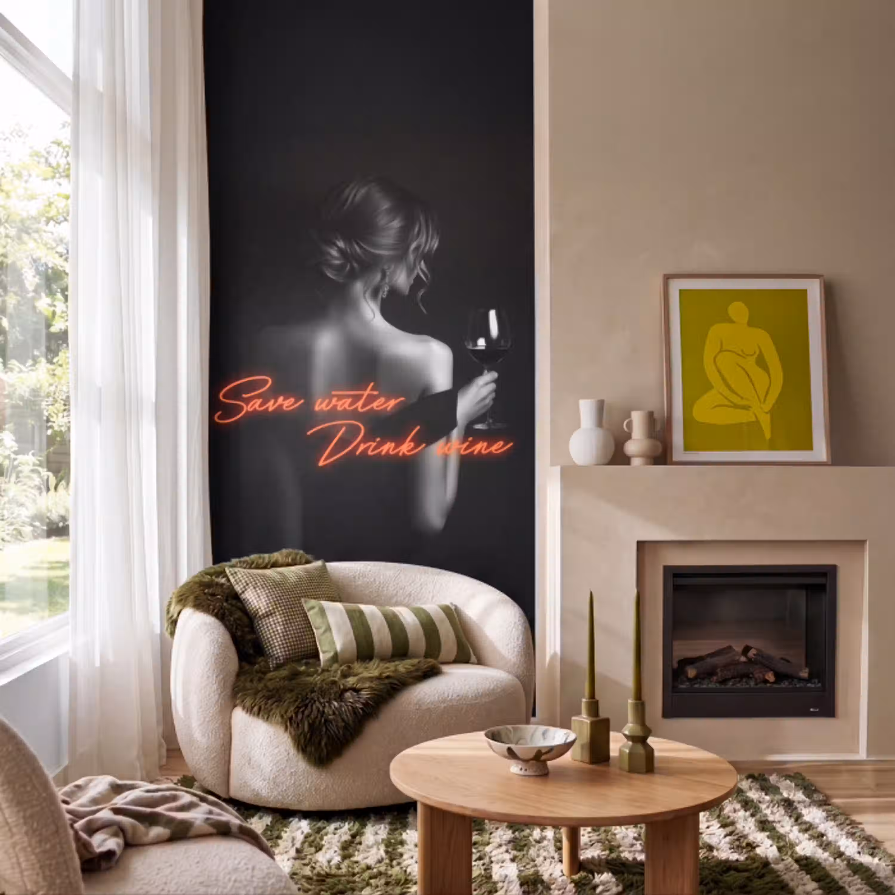 Wijn - Vrouw - Neon - Quote Behang Vlies klein -sfeer2