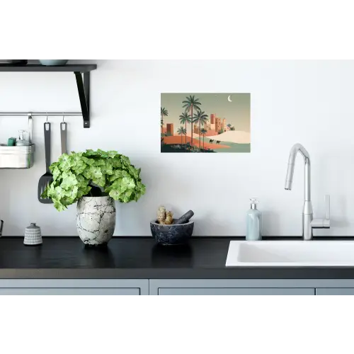 Nachtlandschap - Kamelen - Sterren - zandduinden Muursticker klein -keuken