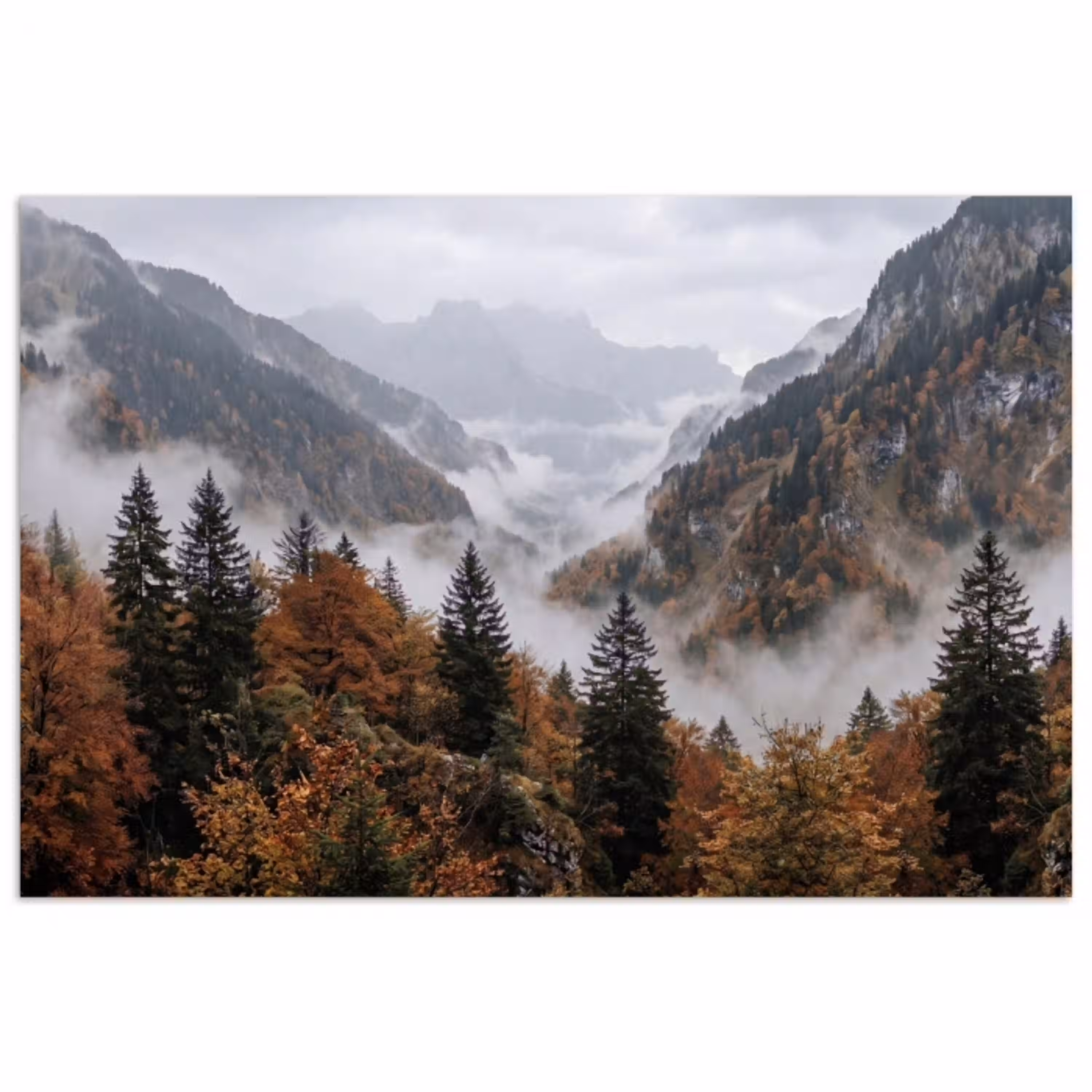 Bergen - Vallei - Mist - Herfst - Natuur poster papier klein -3d