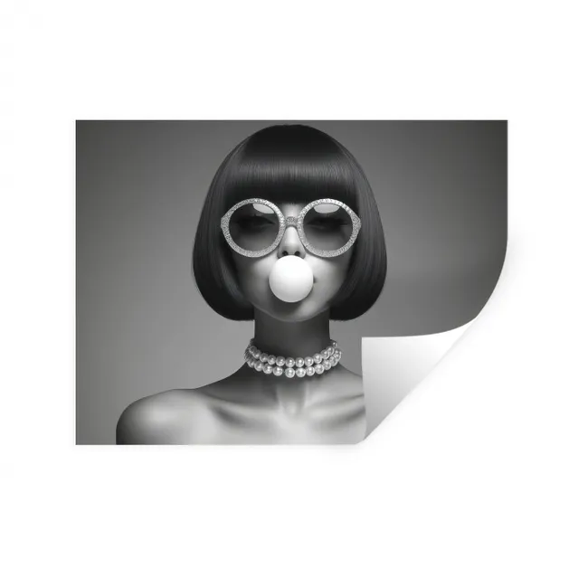 Muursticker - Vrouw - Zwart Wit - Ketting - Zonnebril