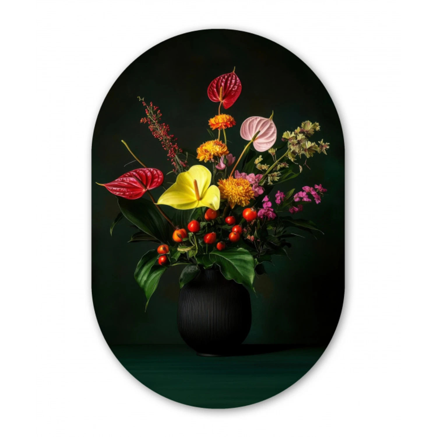 Bloemen - Vaas - Zwart Wandcirkel Ovaal Glas middel -3d