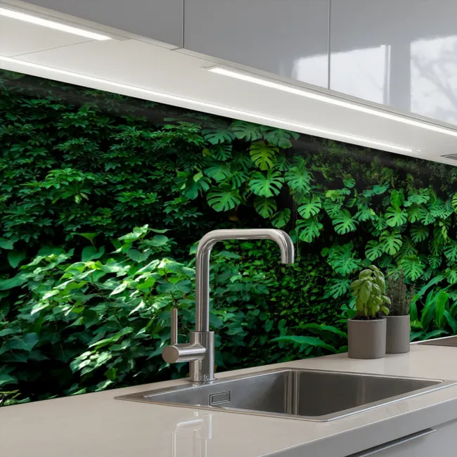 Kraan en een achterwand met boombladeren