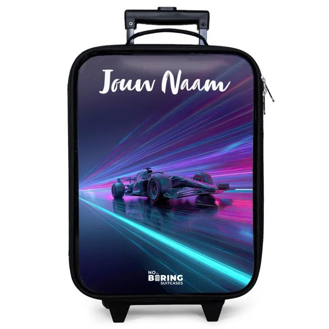 Kinderkoffer met naam - Lichtstralen - Neon - Racewagen - Paars