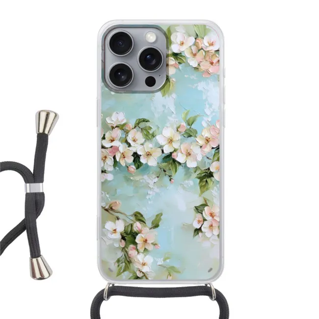 Telefoonhoesje met koord - Bloesem - Bladeren - Lichtblauw