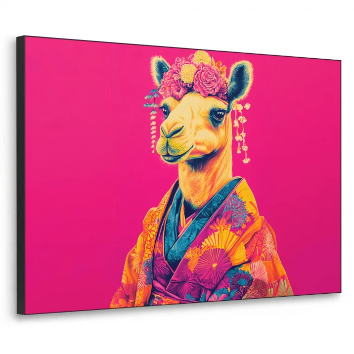 Kameel - Bloemen - Kimono - Waaiers Textielframe zwart klein -3d