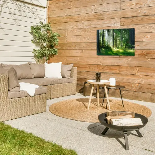 Zonnestralen in een groen bos Tuinposter op houten frame 2 cm dik klein -sfeer2