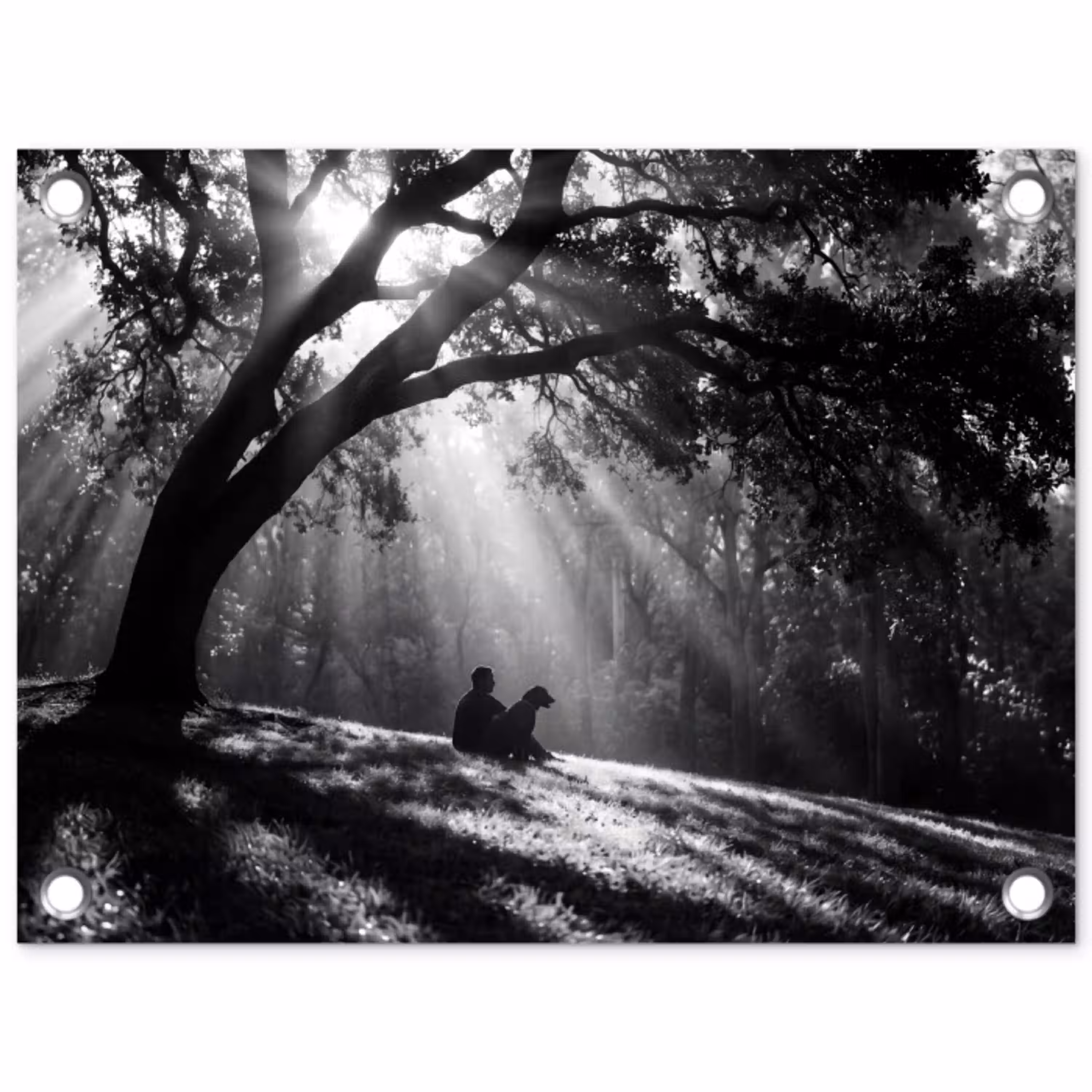 Mens - Hond - Natuur - Zwart-wit - Silhouet tuinposter los doek klein -3d