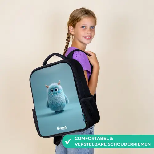 Blauw pluizig monster met hoorns Rugzak - Zwart middel -sfeer6_NL